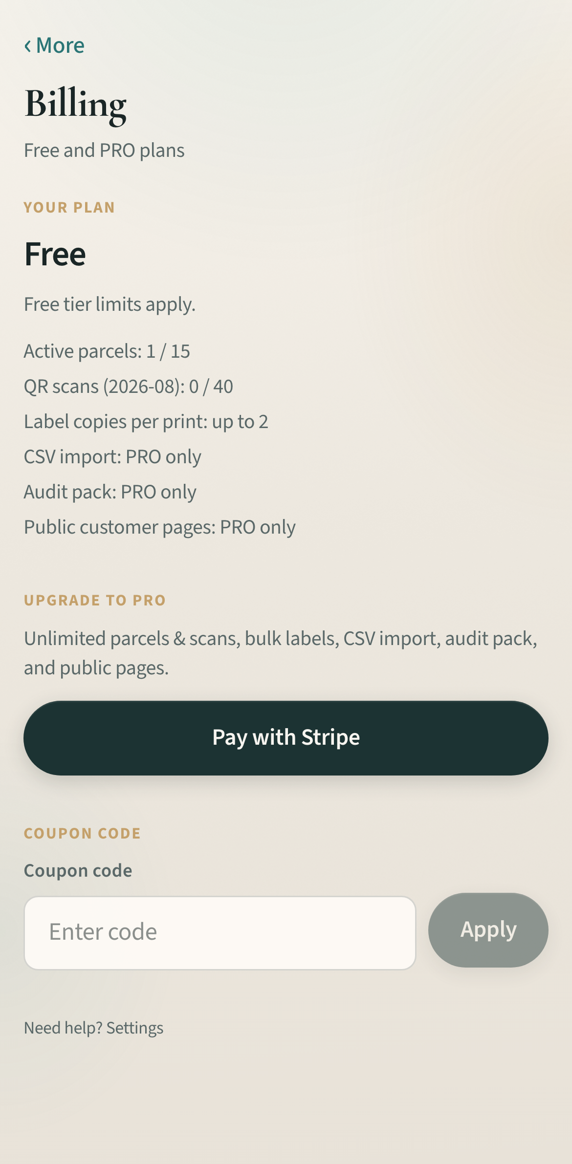 Opal Index billing and plan controls for stock teams