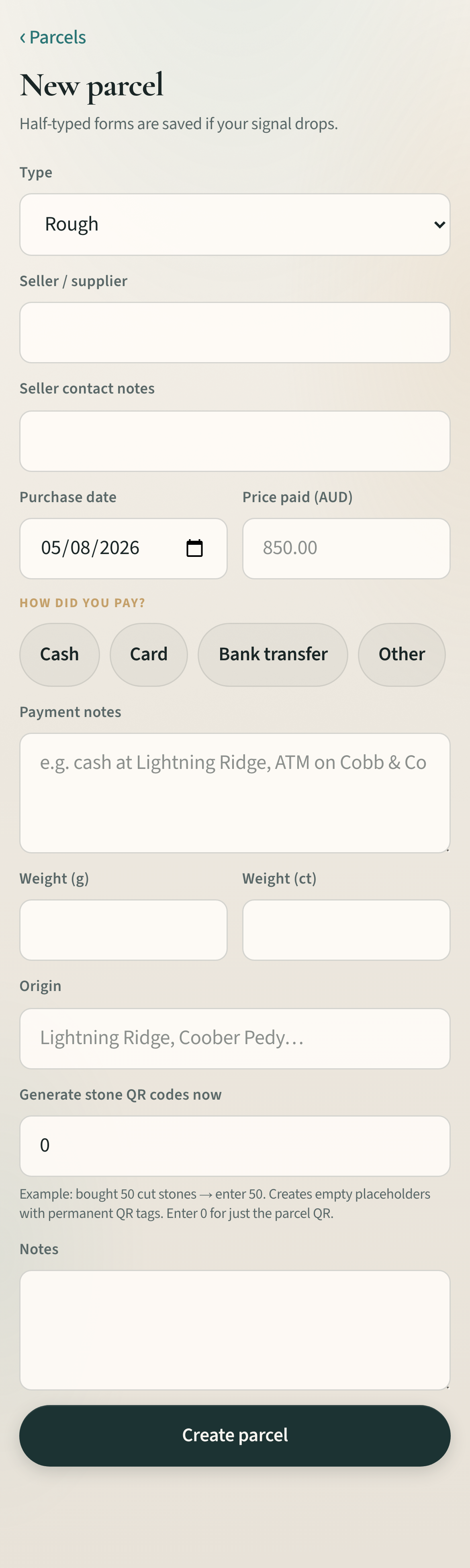 New parcel form in Opal Index