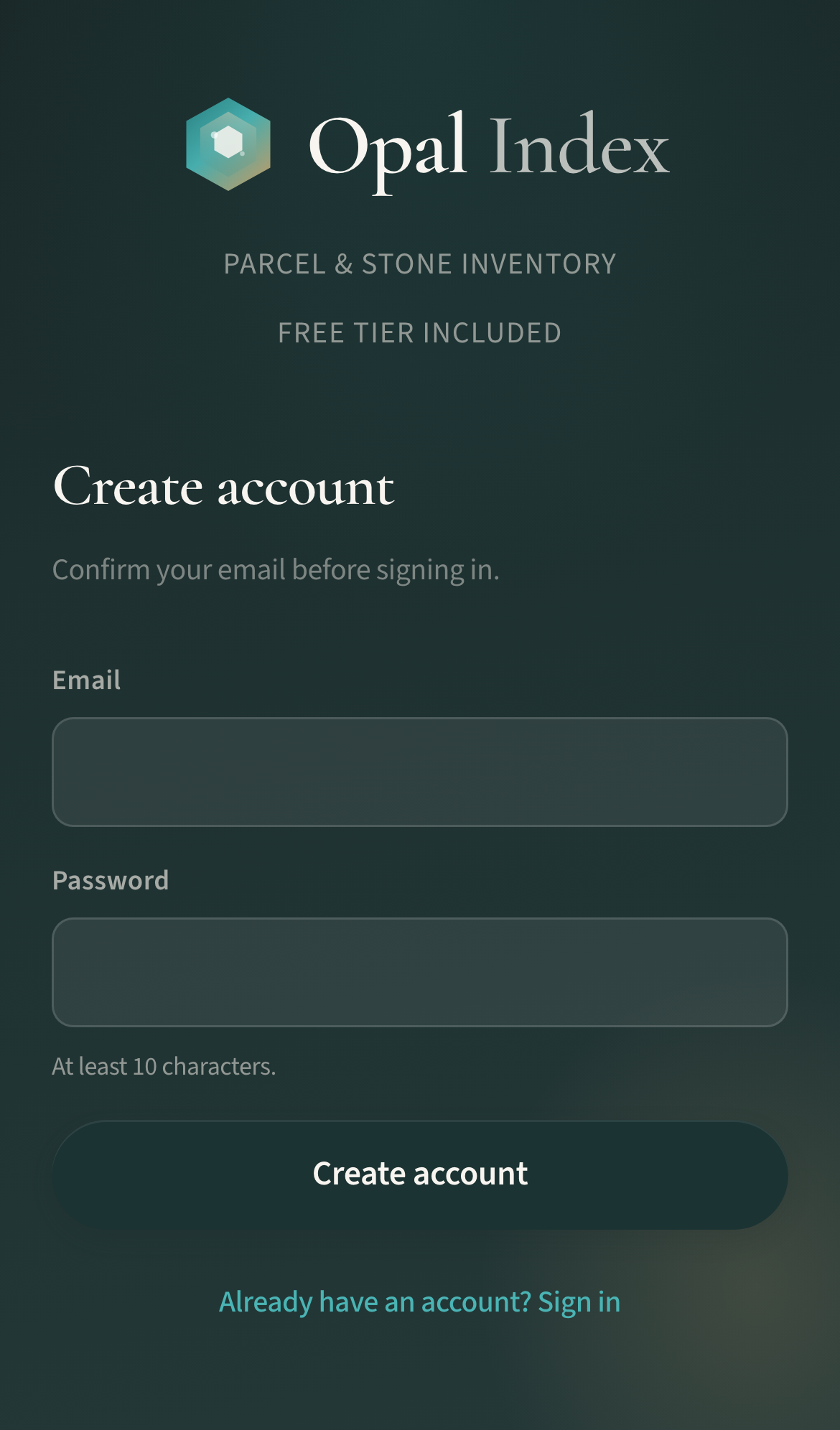 Opal Index registration screen