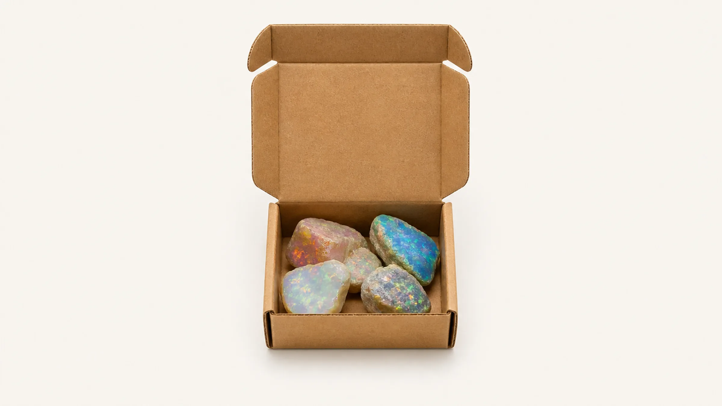 Open parcel box with rough opal